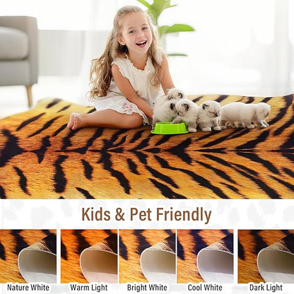 AROGAN Premium Tiger Print Rug 4.6x5.2 Feet, Machine Washable Faux Fur Rug, Non-Slip Animal Print Hide Tiger Skin Area Rug for Bedroom Living Room Home Decor