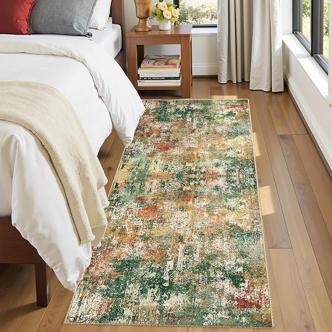 Washable Area Rugs 2'x8' Non-Slip Modern Abstract Soft for Living Room Entryway Bedroom Nursery, Print Pattern, Green Orange Rust Red Cream Colorful