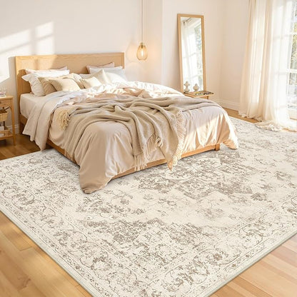 Area Rugs 9x12 Living Room: Vintage Boho Neutral Washable Rug Indoor Soft Large Area Rug Carpet for Bedroom Nursery Farmhouse Dining Room Office Floor Non-Slip Low Pile Under Table Rug Beige/Ivory