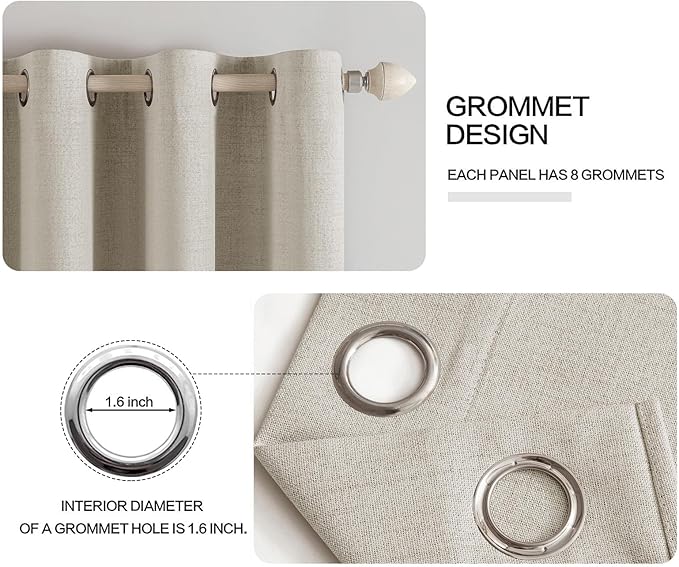 MIULEE Linen Curtains for Bedroom 100% Blackout Thermal Insulated Cobblestone Grommet Room Darkening Curtains & Drapes for Living Room Nursery 52 x 90 Inch (2 Panels)