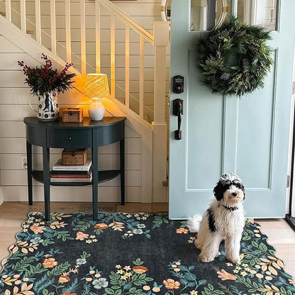 Black Floral Entry Rug - 3x5 Ft Washable Indoor Outdoor Mats for Front Door Porch Rug Non-Slip Spring Door Mat Boho Throw Rugs for Living Room Bedroom Entryway Kitchen Office Porch Decor