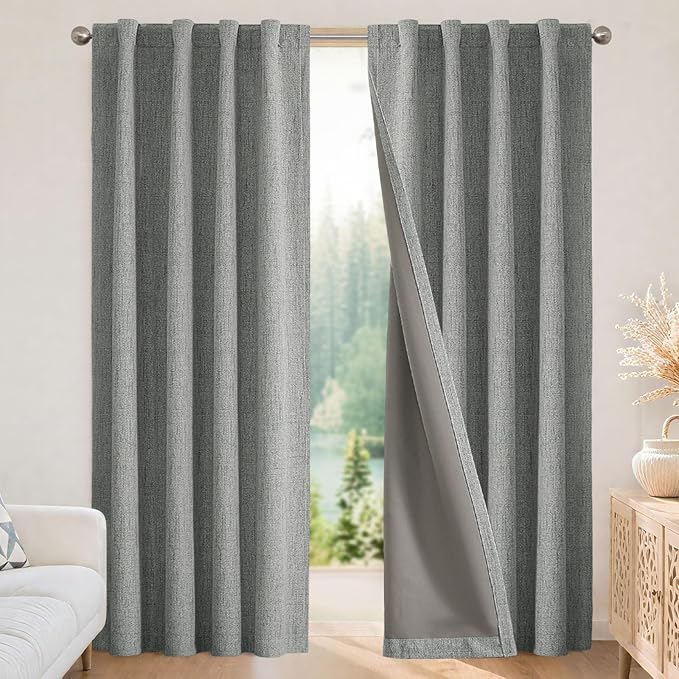 Joydeco Linen Blackout Curtains for Bedroom - 100% Light Blocking 1 Panels, Light Grey Drapes 100" W x 96" L, Thermal Insulated Room Darkening Curtains for Living Room, Rod Pocket & Back Tabs