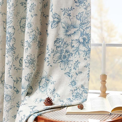 jinchan Blackout Floral Curtains for Living Room Bedroom Linen Blend Curtain Farmhouse Blue Printed with Lined Back Tab Rod Pocket Drapes Window Treatments 2 Panels 96 Inch