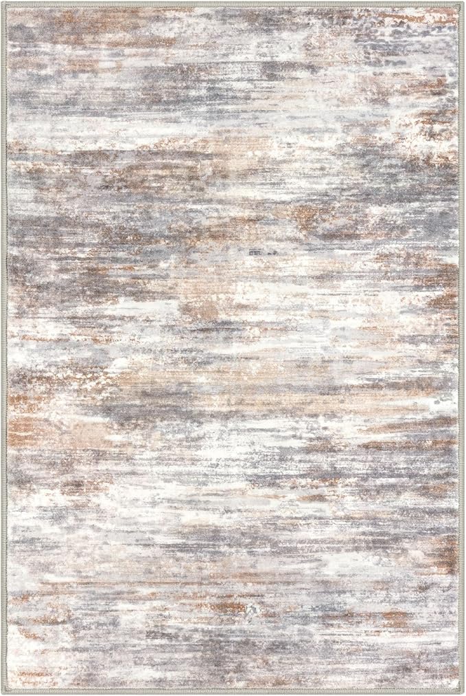 KOZYFLY Modern Abstract Small Area Rugs 2x3, Washable Kitchen Rug Non-Slip Soft Small Bathroom Rug, Multi Grey/Orange Striped Entryway Rugs Print Faux Wool Doormat