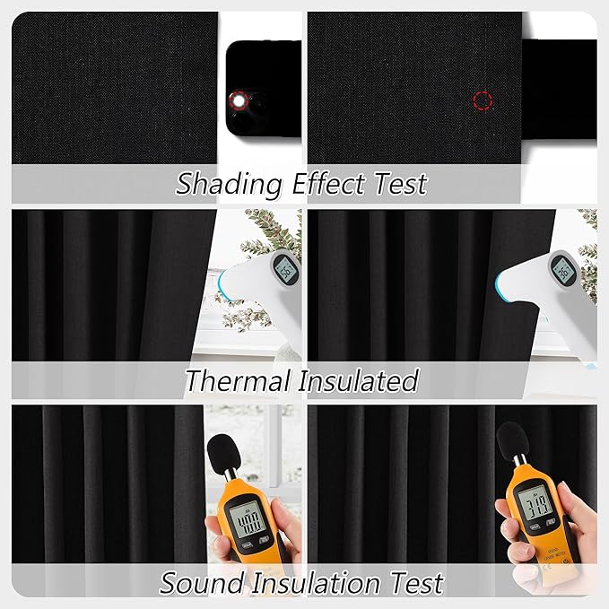 Guken Black 100% Blackout Curtains 90 Inch Length 2 Panels Set for Living Room Bedroom Back Tab Thermal Insulated Black Out Linen Drapes Room Darkening Window Curtains 90 Inches Long