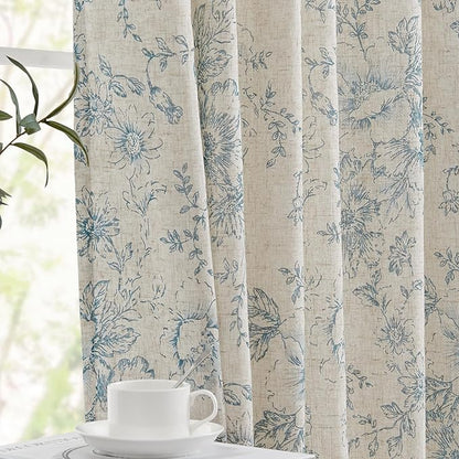 jinchan Lined Linen Blend Curtain Floral Curtains for Living Room 63 Inch Length Blue Peony Flower Printed Curtain Rod Pocket Back Tab Farmhouse Patterned Drapes Bedroom Window Curtains Set 2 Panels