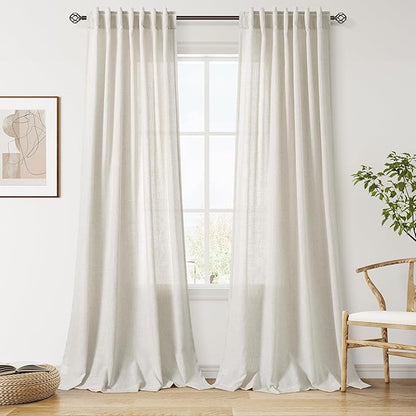 Nanspring Mousse White Linen Curtains 120 Inches Long for Living Room Light Filtering Semi Sheer Curtain Back Tab Coastal Decor Luxury Floor to Ceiling High Window for Bedroom 52x120, 2 Panels