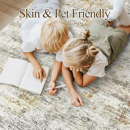 10x14 Area Rugs for Living Room, Non Slip Machine Washable Vintage Rugs, Low Pile Lightweight Large Rug for Bedroom, Dining Room, Home Office Gray Rust