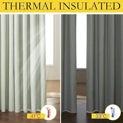 NICETOWN Sage Green High-End Thermal Flax Linen Curtains, 52" Wide Per Panel, Set of 2, Full Blackout Privacy Drapes 72 Inches Long for Dining Room, Soundproof Window Treatment Panels for Hall Room