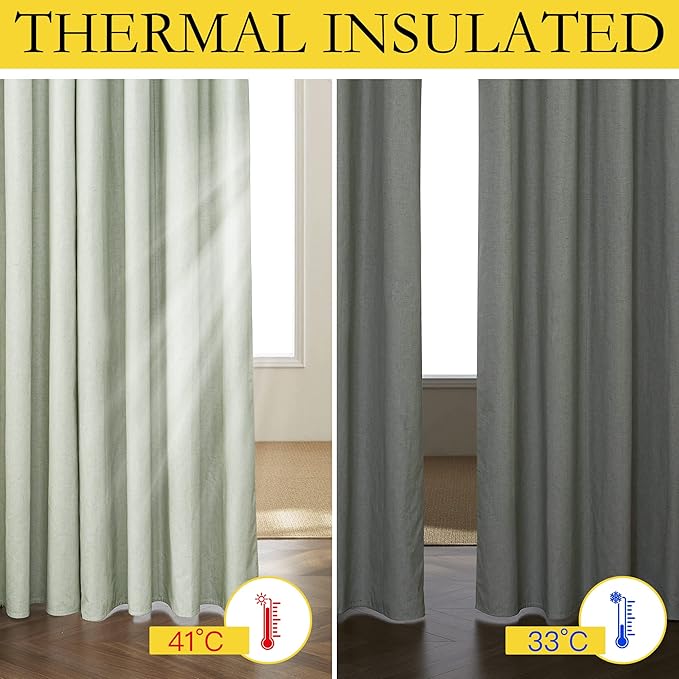 NICETOWN Sage Green Linen Blackout Curtains for Night Shift, Great Job, Set of 2, 34" by 48", Short Kitchen Burlap Linen 100% Blackout Drape Panels with Bronze Grommets for Blocking Light