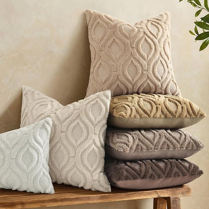 decorUhome Throw Pillow Covers 18x18 Inch Set of 2, Soft Plush Faux Wool Light Khaki Solid Couch Pillow Covers, Accent Farmhouse Neutral Square Pillow Cases for Sofa Bed Living Room