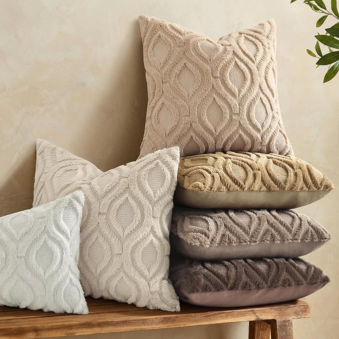decorUhome Throw Pillow Covers 12x20 Inch Set of 2, Soft Plush Faux Wool Light Khaki Solid Couch Pillow Covers, Accent Farmhouse Neutral Rectangle Pillow Cases for Sofa Bed Living Room