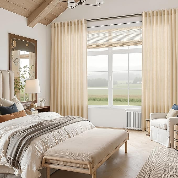 Extra Long Curtains 102 Inches Long for Living Room Tan Back Tab Rod Pocket Light Filtering Semi Sheer Drapes Cotton Linen Textured Window Curtain for Bedroom 9 FT,2 Panels
