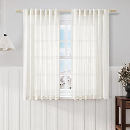 Beige White Kitchen Cafe Sheer Curtains 54 Inch Long 2 Panel Back Tab Linen Textured Light Filtering Short Neutral Bohemian Farmhouse Bedroom Bathroom Curtains 52Wx54L