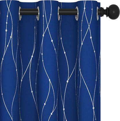 Deconovo Blackout Curtains, 38 x 90 Inch Drapes for Sliding Door with Wave Dot Silver Print, Soundproof Thermal Insulated Window Curtain for Bedroom Living Room, Set of 2, Machine Washable, Royal Blue