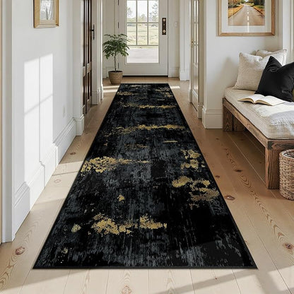 Washable Area Rugs 3x12 Non-Slip Modern Abstract Soft for Living Room Entryway Bedroom Nursery, Print Pattern, Dark Black Gold