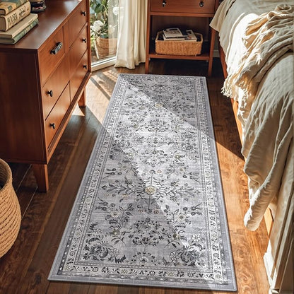 Yamaziot Washable Runner Rug 2x6 – Non Slip Boho Floral Hallway Runner Rug with Rubber Backing, Low Pile Faux Wool Distressed Carpet for Kitchen, Laundry, Bedroom, Entrance, Gray