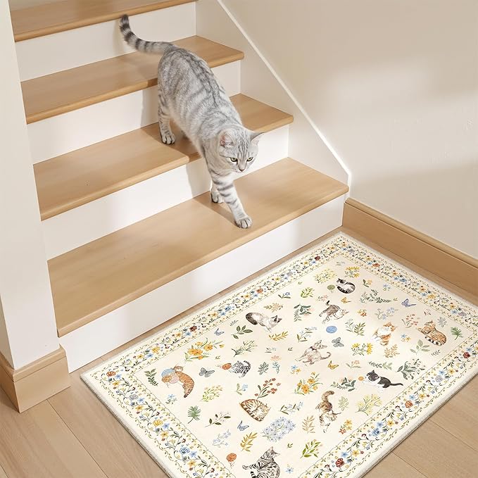 2x3 Cat Rugs for Entryway, Machine Washable Door Mat Animal Floral Small Area Rug Non-Slip Low Pile Soft Throw Rugs for Entrance Kitchen Indoor Front Door Kids Room (2 x 3,Beige)