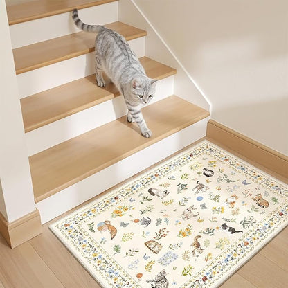 2x3 Cat Rugs for Entryway, Machine Washable Door Mat Animal Floral Small Area Rug Non-Slip Low Pile Soft Throw Rugs for Entrance Kitchen Indoor Front Door Kids Room (2 x 3,Beige)