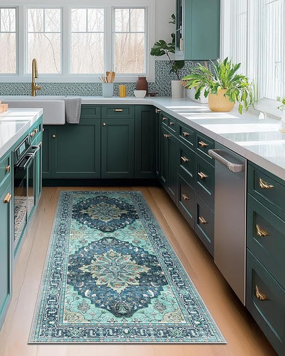 Area Rugs 2'x6' Runner Rug Non Slip Washable for Kitchen Hallway Bedroom Beside Laundry Room Bathroom Rug, Floor Carpet, Teal Green Lake Blue Turquoise