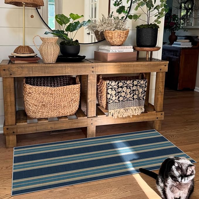 Front Door Mat Indoor Entrance - 2x4.3 Ft Striped Washable Welcome Layered Doormat Outdoor Entrance Porch Rug Non-Slip Navy Blue Coastal Runner Rug for Kitchen Bedroom Laundry Room Porch Decor