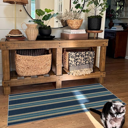 Front Door Mat Indoor Entrance - 2x4.3 Ft Striped Washable Welcome Layered Doormat Outdoor Entrance Porch Rug Non-Slip Navy Blue Coastal Runner Rug for Kitchen Bedroom Laundry Room Porch Decor