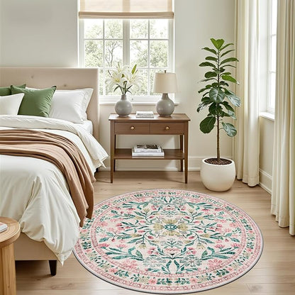 Round Area Rug for Living Room: 4 ft Floral Washable Circle Rug Soft Boho Non-Slip Carpet Indoor Stain Resistant Low Pile Small Circular Rug for Bedroom Entryway Kitchen Nursery Home Office Pink Green