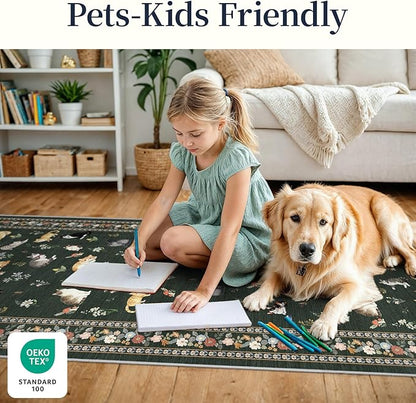 2'6"x8' Washable Kitchen Runner Rug - Soft Low Pile Floral Animal Cat Print Rugs with Non-Slip Backing Waterproof Stain-Resistant Indoor Carpet for Hallway Entryway Bathroom Bedroom (Sage Green)