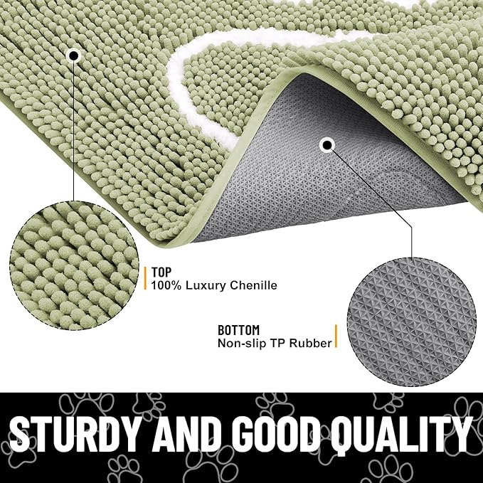 Smiry Dog Door Mat for Muddy Paws, Absorbent Dirt Trapper Non Slip Quick Dry Washable Chenille Mat for Mud Dogs, Entry Rug for Indoor and Outdoor (36x24 Inches, Sage Green and White)