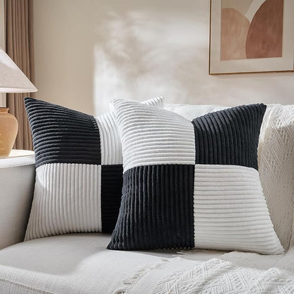 Fancy Homi Set of 2 Black White Euro Decorative Throw Pillow Covers 28x28 Inch for Bedroom Couch Bed, Farmhouse Boho Home Decor, Soft Cross Corduroy Patchwork Textured Square Cushion Case 71x71 cm
