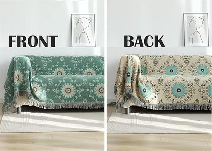 MSGKV Boho Throw Blanket for Couch Bed 60''x80'', 100% Cotton Blankets Woven Green Blanket Spring Reversible Spring Breathable Lightweight Decorative Throws
