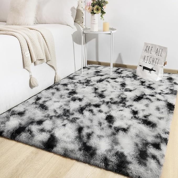 TWINNIS Super Soft Shaggy Rugs Fluffy Carpets, 5x8 Feet, Indoor Modern Plush Area Rugs for Living Room Bedroom Kids Room Nursery Home Decor, Upgrade Anti-Skid Rectangular Fuzzy Rug, Black and White