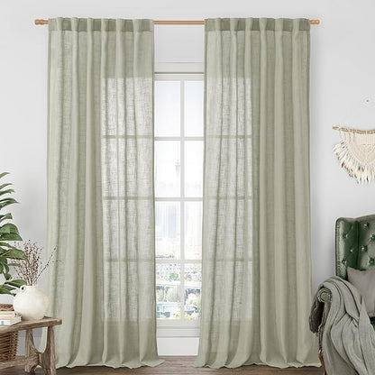 LAMIT Linen Semi Sheer Curtains 96 inches Long 2 Panels Set, Light Filtering Panels Back Tab and Rod Pocket Floor to Ceiling Curtains for Bedroom/Living Room, Sage Grey, 52 x 96 Inch
