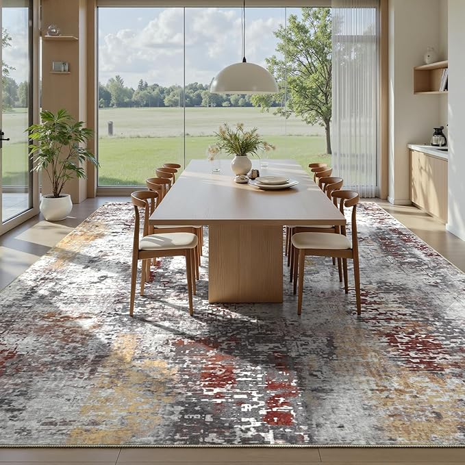 Living Room Rug 7x10 Beige Area Rugs Machine Washable Abstract Boho Large Rug Non-Slip Non-Shedding Faux Wool Indoor Vintage Carpet for Bedroom, Classroom, Dining Room, Kids Playroom