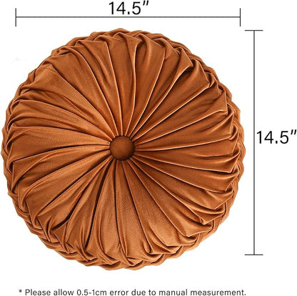 HIG Set of 2 Decorative Round Pleated Throw Pillows, Classy Accent Pumpkin Throw Pillows with Center Button, Vintage Velvet Floor Pillows for Sofa Vanity Chair Bed, Rust, 14.5" Diameter(Ripple)