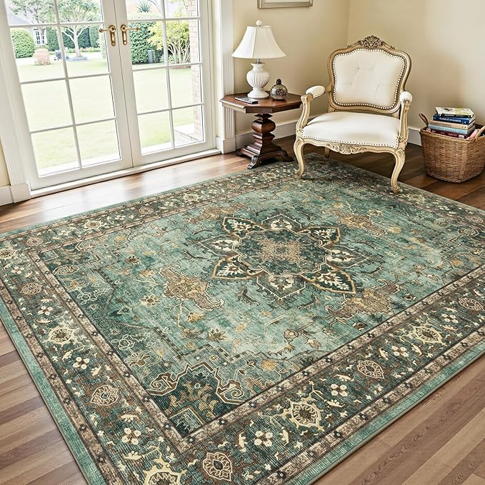 Lofus 6x9 Area Rugs for Living Room, Washable Area Rug, Rugs for Bedroom, Kitchen, Vintage Boho Carpet, Soft Non-Slip, Low Pile Large Area Rug for Office Dining Room, Green