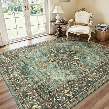Lofus 6x9 Area Rugs for Living Room, Washable Area Rug, Rugs for Bedroom, Kitchen, Vintage Boho Carpet, Soft Non-Slip, Low Pile Large Area Rug for Office Dining Room, Green