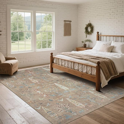 Washable Rugs 8x10 Area Rugs for Living Room,Bedroom,Dining Room-Large Ultra Soft Faux Wool Retro Carpet,Non Slip&Non-Shedding Low Pile Vintage Print Rug for Home Office Dorm Playroom-Terracotta