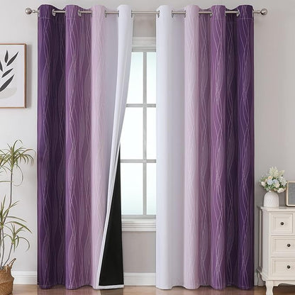 Estelar Textiler Purple and Greyish White Ombre Blackout Curtains 90 Inch Length 2 Panels Set,Thermal Insulated Drapes for Bedroom,Full Room Darkening Grommet Gradient Curtains for Living Room,52Wx90L