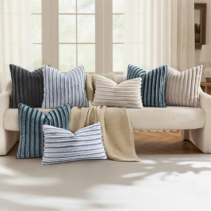 decorUhome Cozy Faux Fur Throw Pillow Covers 18x18 Set of 2 Decorative Soft Plush Striped Modern Farmhouse Boho Couch Pillow Cases with Velvet Back for Sofa Bed Living Room, Blue Grey
