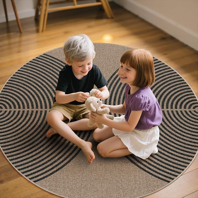 Lahome Enfys Modern Rainbow Round Rug, 6ft Easy Jute Circle Patio Rug Washable Indoor Outdoor Living Room Carpet, Farmhouse Natural Contemporary Round Carpet for Entryway Backyard