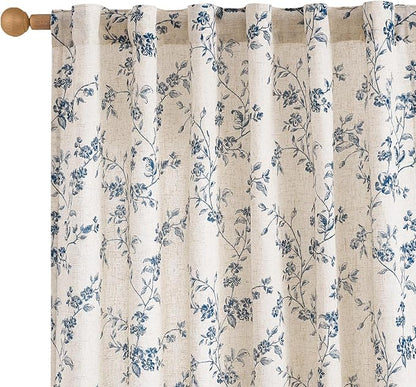 Lazzzy 90 Inch Length Curtain for Living Room Bedroom Blue Floral Drapes Linen Farmhouse Vintage Light Filtering Curtains Rod Pocket Back Tab, 2 Panels, Blue on Beige
