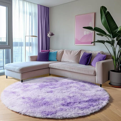 ONASAR Round Rugs 5ft for Bedroom Living Room, Tie-Dyed Purple Fluffy Circle Area Rug for Kids Girls Boys Teen, Soft Plush Shaggy Carpet for Nursery Dorm Classroom Playroom Home Decor Aesthetic
