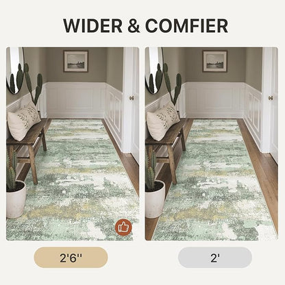 Runner Rug for Hallway Kitchen, 2'6"x6' Machine Washable Runners Rug for Entryway, Soft Modern Abstract Throw Rugs, Low Pile Floor Cover with Non Slip Backing, Light Green