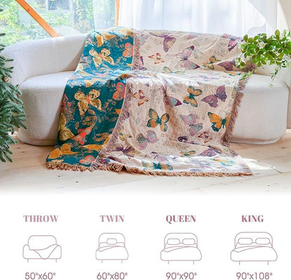 MSGKV Boho Throw Blanket for Couch Cotton Butterfly Blanket 50"x60" Sofa Chair Blankets All Seasons Muslin Spring Breathable Lightweight Farmhouse Blankets Home Decor