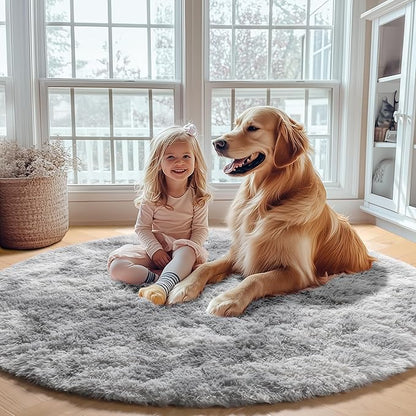 ONASAR Tie-Dyed Light Grey Round Area Rug 4ft, Ultra Soft Bedroom Circle Rugs for Kids Girls Teen Room, Fluffy Plush Shaggy Carpet Floor Mats for Baby Nursery Living Room Playroom Home Decor