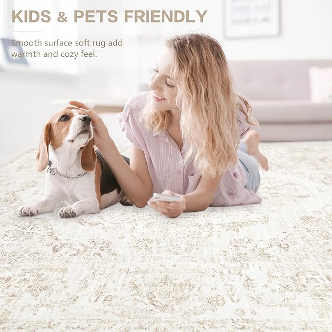 8x10 Area Rugs for Living Room: Washable Rug Vintage Large Rugs Soft Non Slip Low Pile Rug Floral Distressed Floor Carpet for Bedroom Kitchen Nursery Dining Room Home Office (Beige, 8'x10')