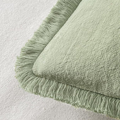 MIULEE Decorative Throw Pillow Covers Neutral Linen Fringe Throw Pillows Euro Shams Set of 2 Sage Green Boho Farmhouse Cushion Covers for Couch Sofa Bed Living Room Spring Home Decor 24x24 Inch
