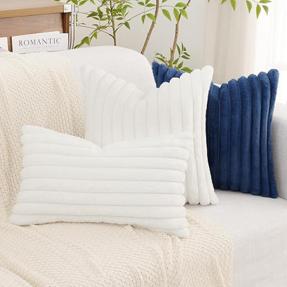 decorUhome Summer Cozy Faux Fur Throw Pillow Covers 12x20 Set of 2 Decorative Soft Plush Striped Lumbar Modern Farmhouse Boho Couch Pillow Cases with Velvet Back for Sofa Bed Living Room, White