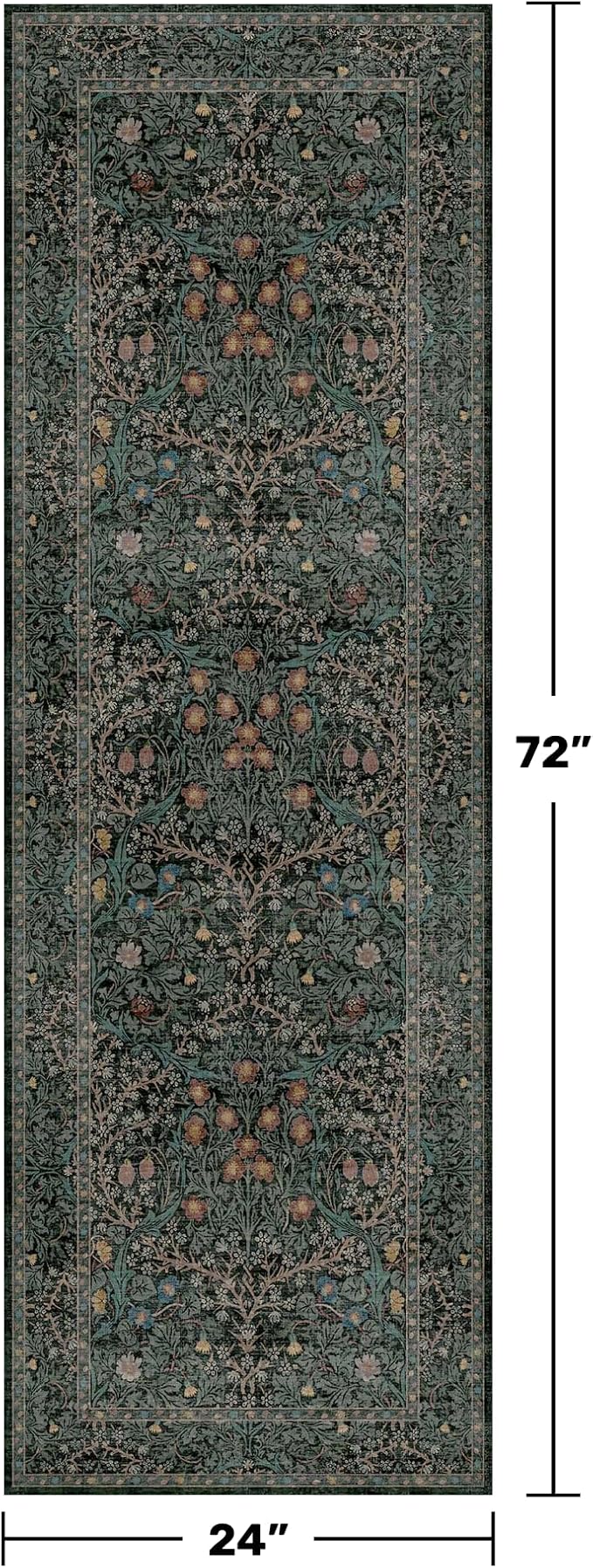 Non Slip 2x6 Kitchen Runner Rug Washable, Rubber Backed Bathroom Runner, Boho Vintage Floral Botanical Dark Green Non Skid Low Pile Soft Carpet for Entryway, Laundry Room, Hallway Mats for Floor